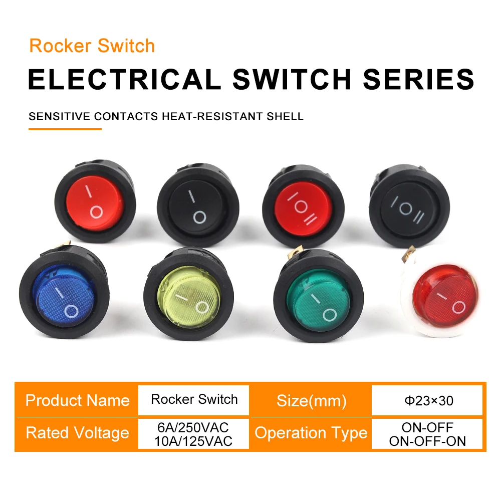 5/10PCS 23MM Diameter 2/3 Pin 2/3 Position Mini Round Rocker Switch KCD1 With Light 6A/250VAC 10A/125VAC Push Button Switches