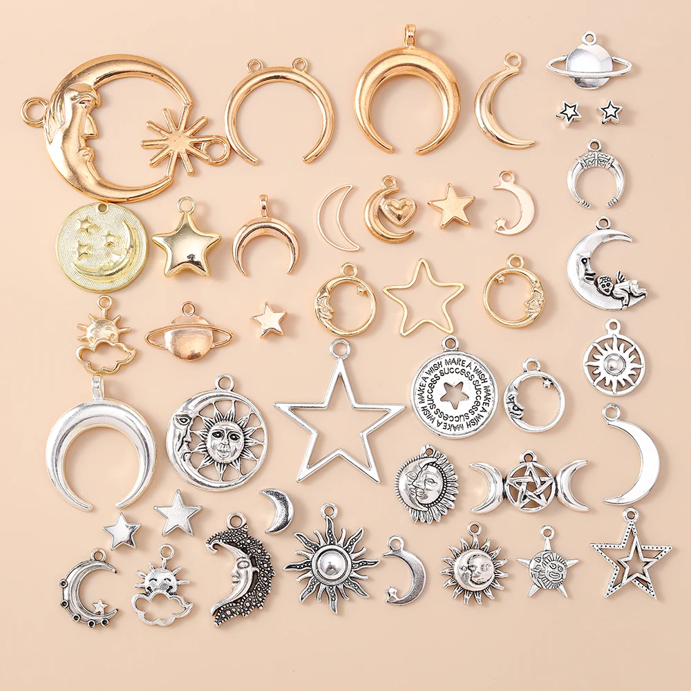 Leslie 10 Stück Gold Silber Farbe Metall Sonne Mond Stern Anhänger Legierung Charms DIY Schmuckherstellung Halsketten Armband Handarbeit Handwerk – Detail 1