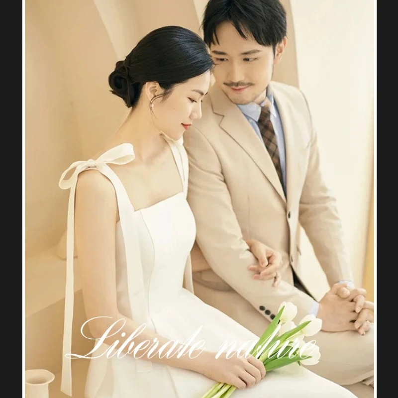 Kleid mit quadratischem Ausschnitt, elegantes Satin-Brautkleid mit Schnürung und Schleifendetail, quadratischer Ausschnitt, A-Linien-Silhouette zum Filmen für Frauen