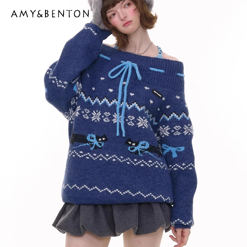 

2025 Autumn Winter New Retro Sweet Cute Bow Women's Pullovers Original Design Dark Blue Half Turtleneck Keep Warm Sweater Ladies