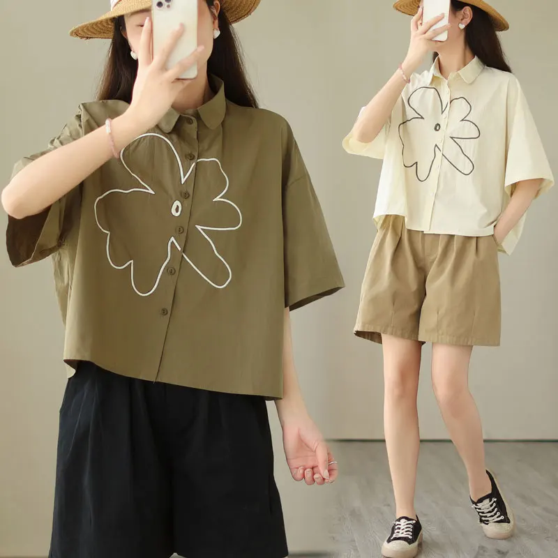 

Женский хлопок и лен ort Sve irt, летний свободный крой, топ с вышивкой, модный корейский воротник с воротником на пуговицах, двери...