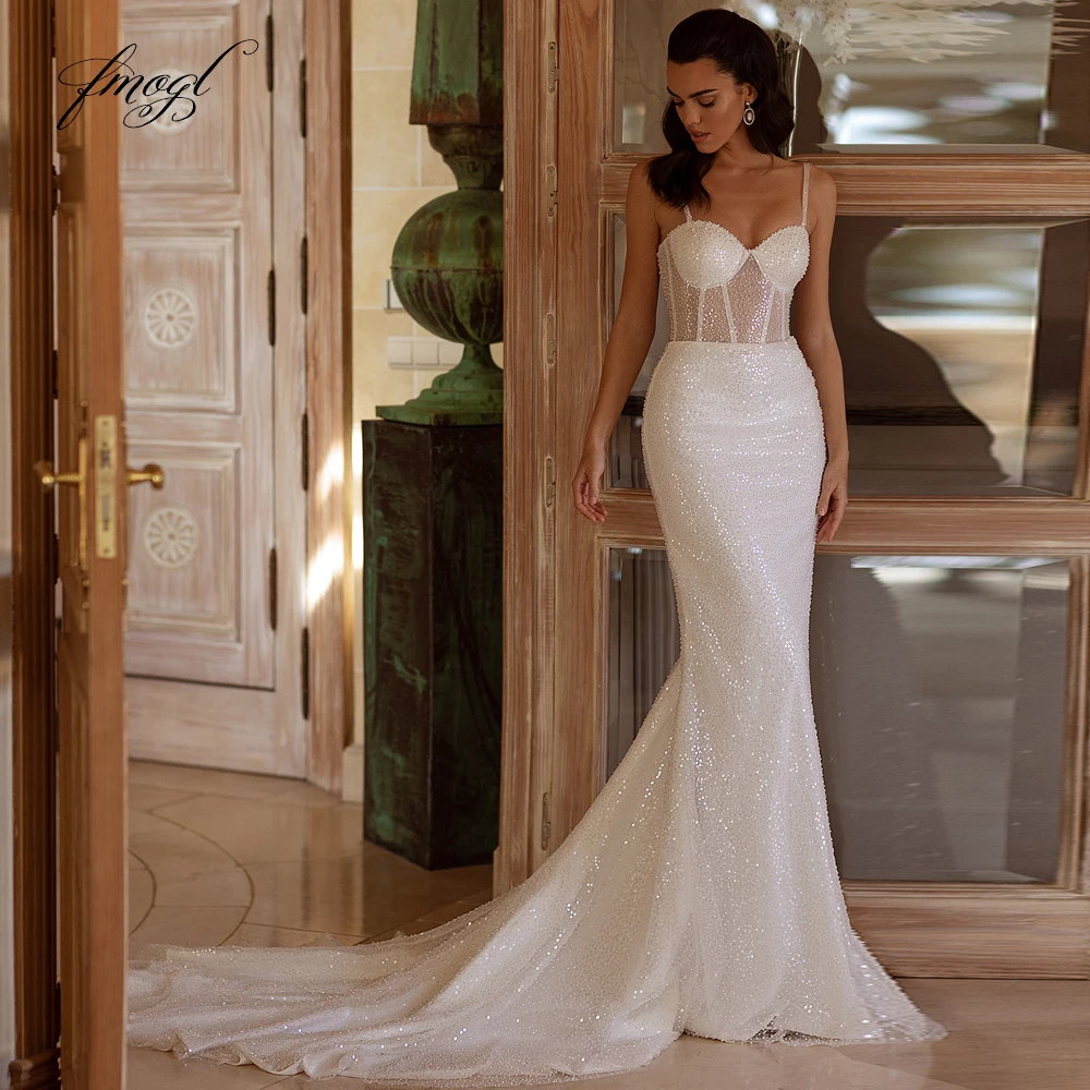 

Fmogl с длинным рукавом, милое кружевное свадебное платье русалки, роскошное свадебное платье на бретельках со шлейфом, винтажное свадебное платье с трубой