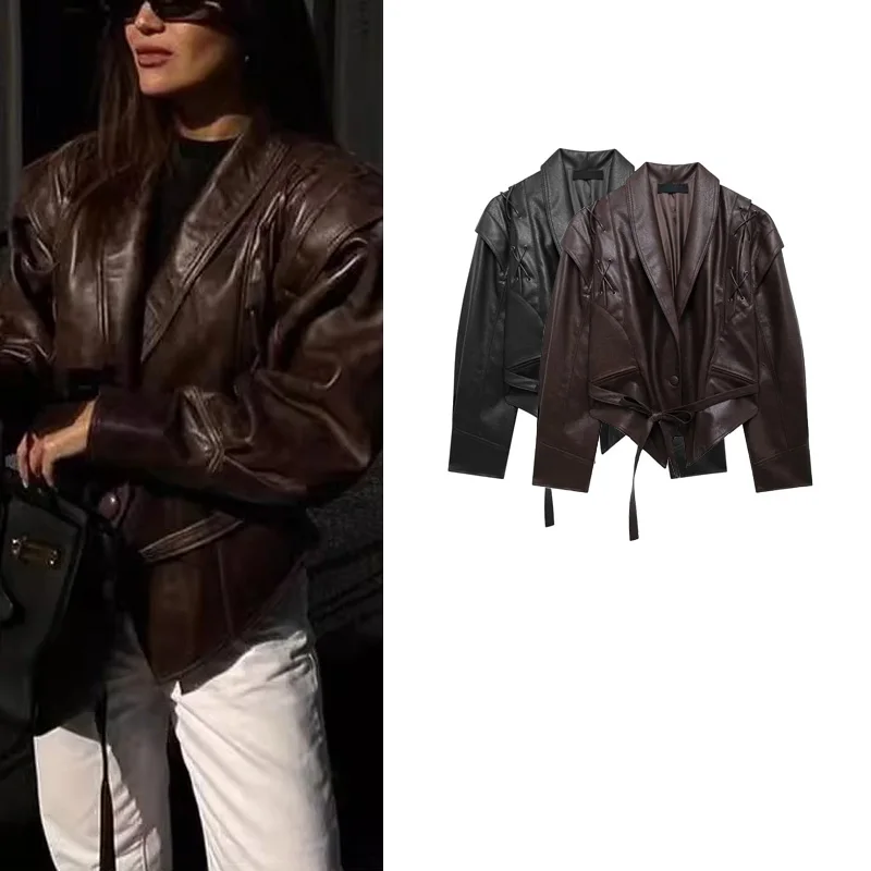 

Spring New Faion Slim Fit PU Leather Jaet Women's Coat with Belt Street Sle Long Sve Zipper Closure Casual Outerwear