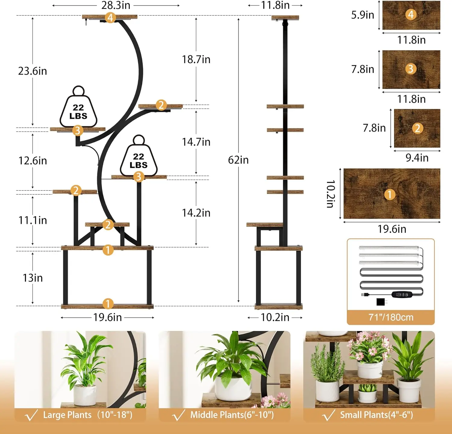 Plant Stands for Indoor Growing, 8 Tiered Large Flower Holder, S-Shaped Decorative Rack for Living Room, Patent Design, Brown image 6