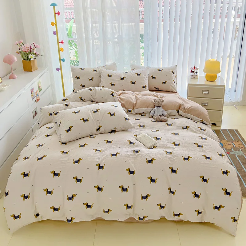 Cute Sausage Dog Duvet Cover Queen Gift for Dogs Lovers, Cartoon Puppy Dog Comforter Cover+Solid Color Flat Sheet+1/2 Pillowcase