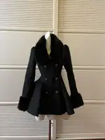 Abrigo de lana con cuello de piel negro estilo Hepburn de invierno, estilo francés vintage, corte ajustado, largo medio, ropa exterior elegante, cálida, estilo Lolita, nuevo.