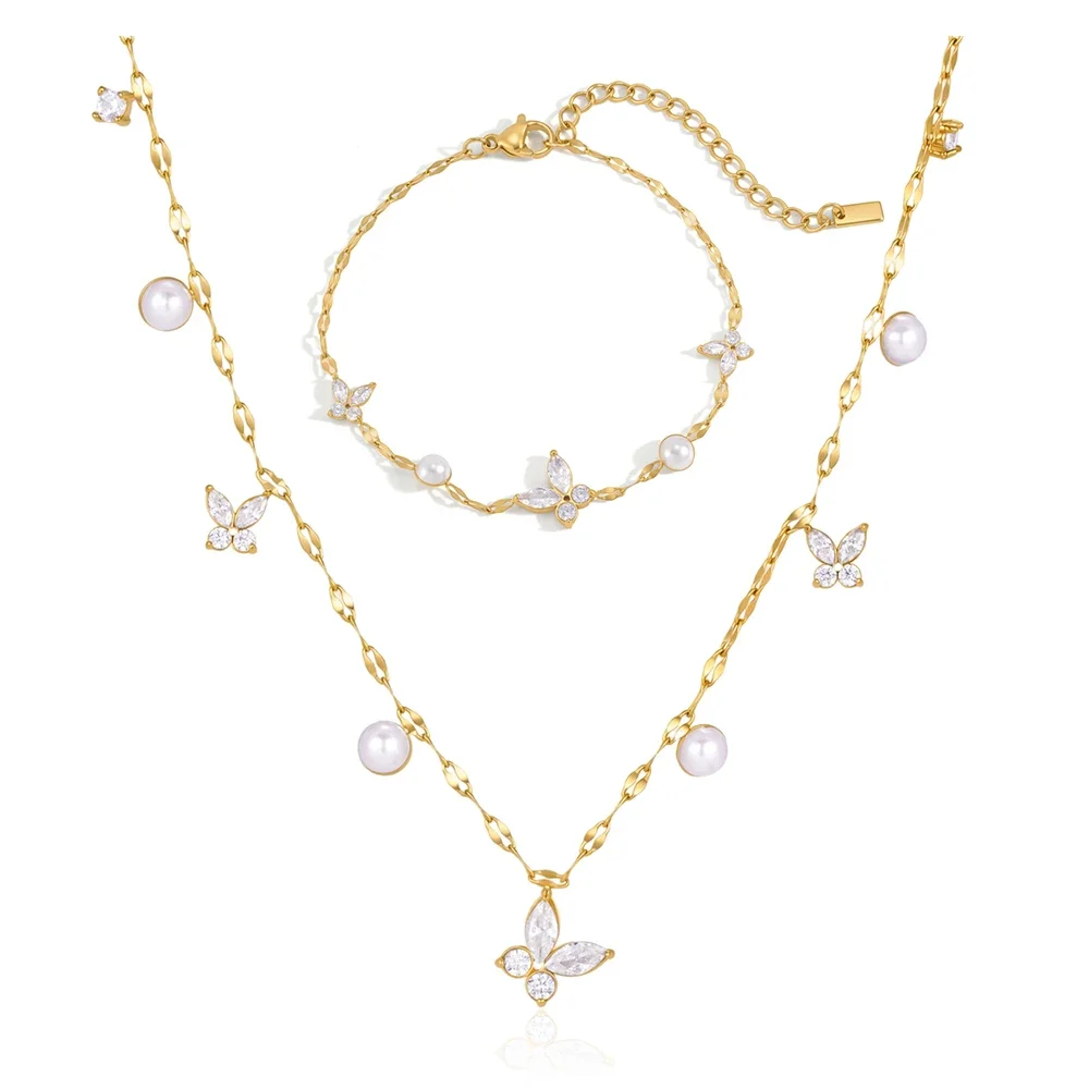 

Luxury Butterfly Pearl 18K Gold PVD Plated Necklace Bracelet Set For Women New Stainless Steel Waterproof Party Jewelry