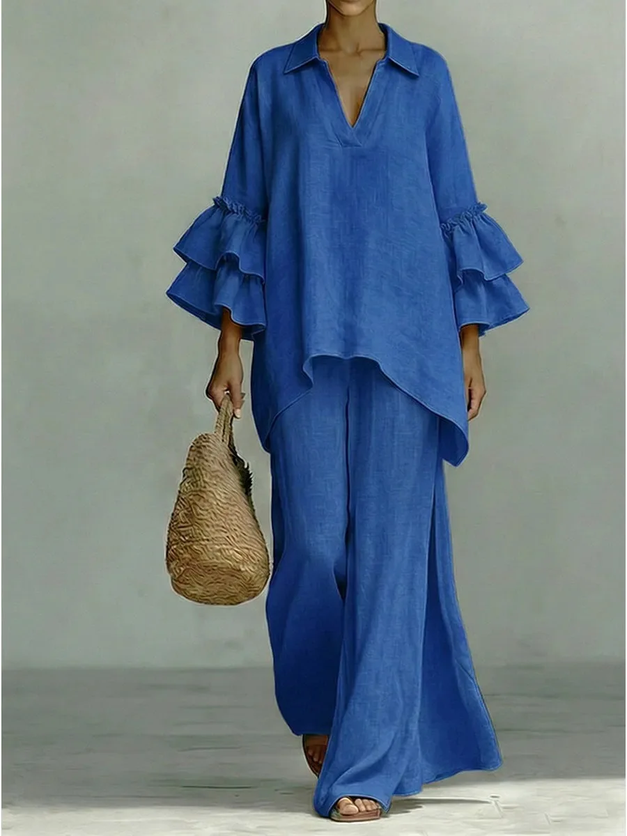 

Loose Casual Trousers Set Solid Color Simple Fashion Commuter Style Long-sleeved Irregular Top Wide-leg Trousers Two-piece Set