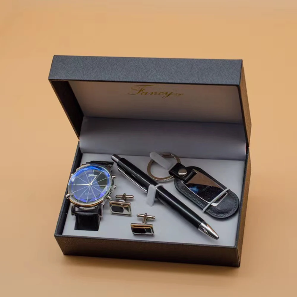 

Men Watch Gifts Set Fashion Men's Quartz Wristwatch With Cufflinks keychain Signature Pen Gift Box For Male Boyfriend Father's