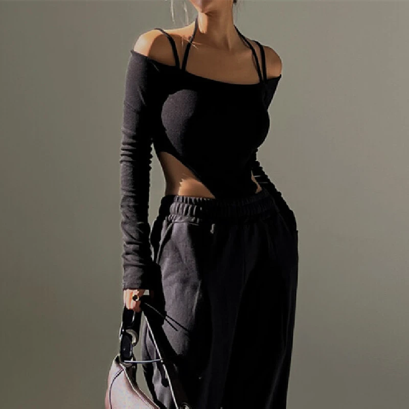 Y2K Black Sexy Off Shoulder Halter Bodysuit Aesthetic Spaghetti Straps Long Sleeve Bodycon T Shirt Women Clubwear Bodysuits