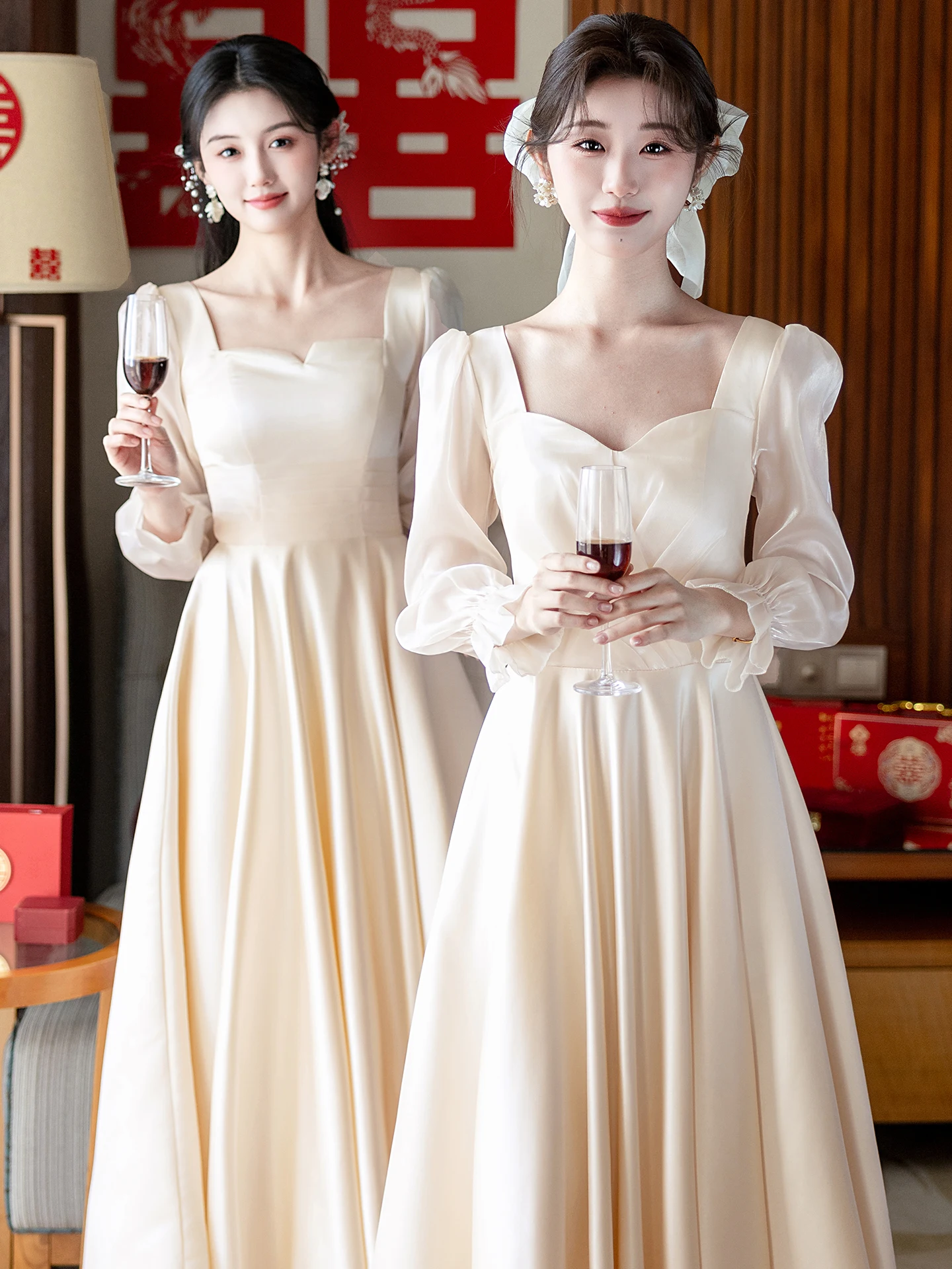 

Новые модные свадебные платья 2026 года цвета шампань из атласа с длинными рукавами для подружек невесты и сестер