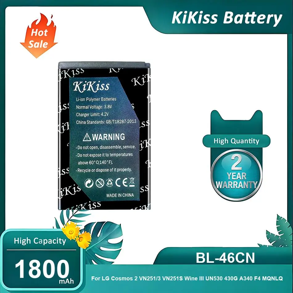 Batería KiKiss para LG Cosmos 2 VN251 Cosmos 3 VN251S Wine 3 III UN530 430G A340 F4 MQNLQ,BL-46CN,1800mAh