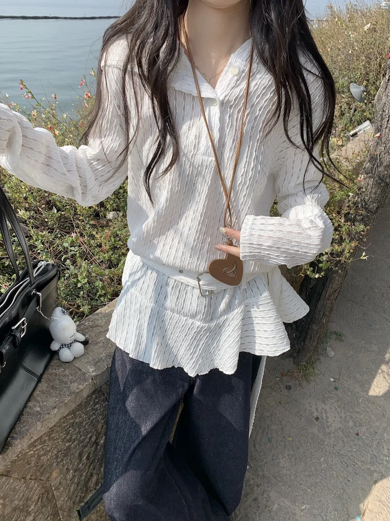 レディース ルーズ ロング スリーブ ニット セーター レース裾と透かしデザイン 韓国風 通勤 ファッション ホワイト トップス