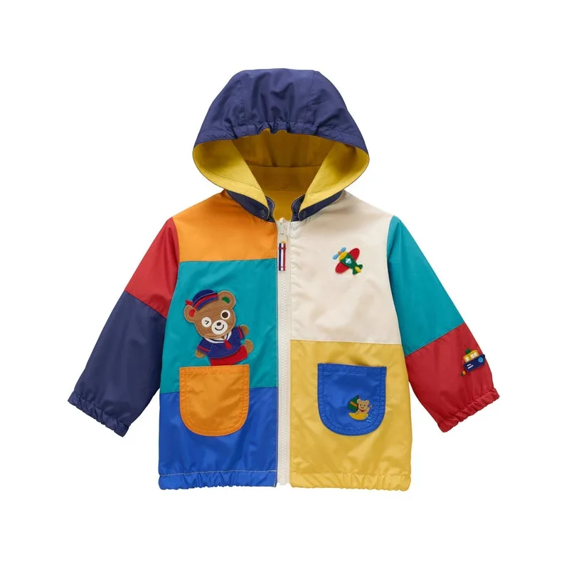 Korean Children's Spring Jacket Double-sided Cardigan   Cartoon Bear Rabbit Embroidery Color-block Hooded  Boys Girls Outerwear