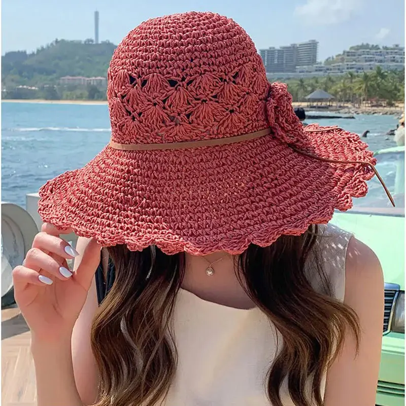 المرأة الصيف قبعة القش الشاطئ طوي حماية الشمس واسعة حافة قبعة الشمس Bowknot الزهور الشريط بنما في الهواء الطلق لينة أغطية الرأس