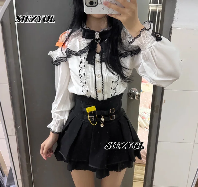 

Japanese Women Shirt Sweet Pink Lolita Mine Sweet Lace Crochet Love Heart Bow Off Shoulder Long Sleeve Blouse Top Autumn Blusas