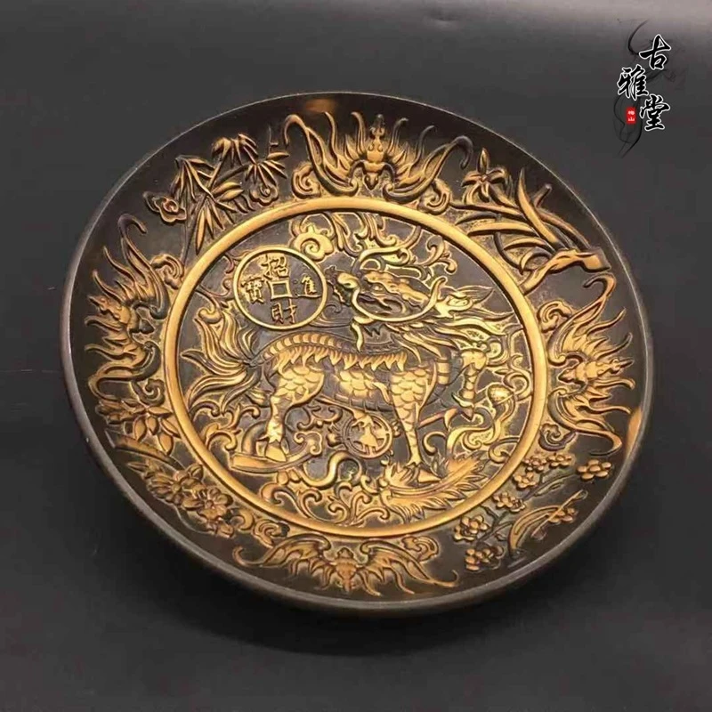 relief carving of a qilin , large pure copper plate, dish, decorative item