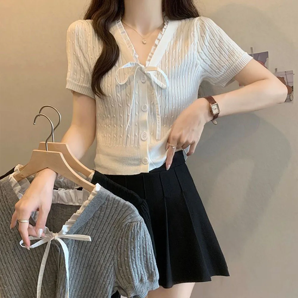 Милая футболка с оборками Y2k для женщин, вязаная футболка с v-образным вырезом, весна-лето, контрастного цвета, Ropa De Mujer, корейская мода, милые майки