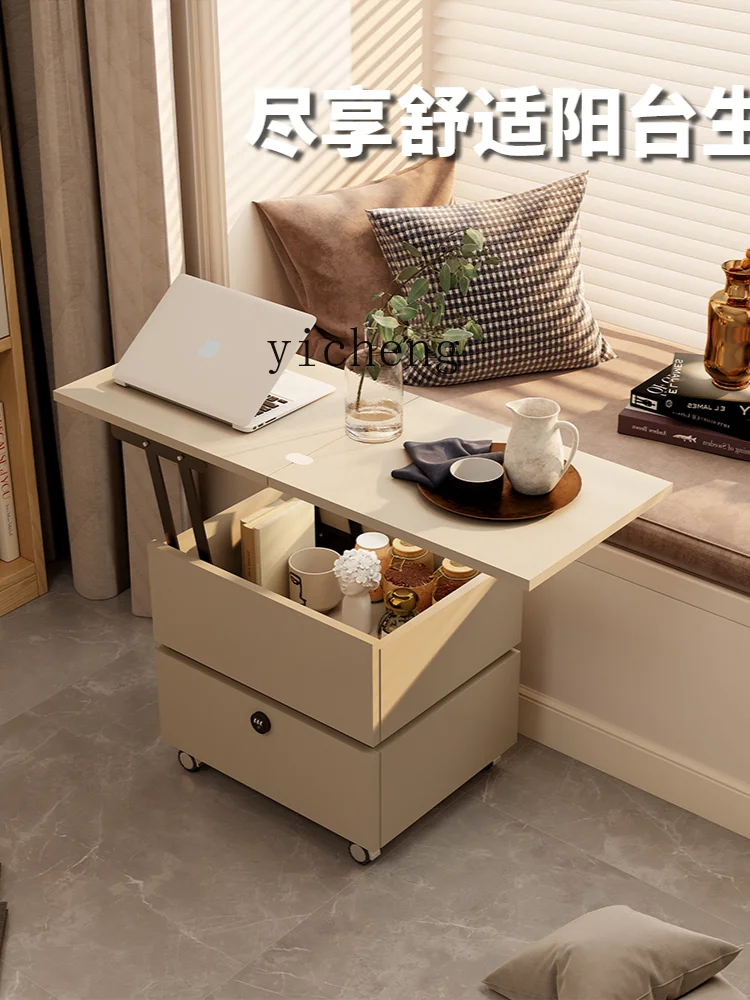 ZK Movable Lifting Bedside Table  Lock Solid Wood Multifunctional Desk Folding Dining Table Bedside Cabinet Balcony Tea Cart