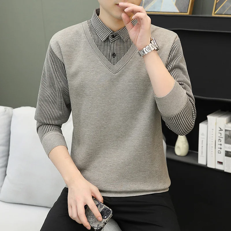 

Men's Faux Two-Piece Hoodie Thiened Fce Collared Base Layer Winter Faion Urban Sle Long Sve Slim Fit Casual Top