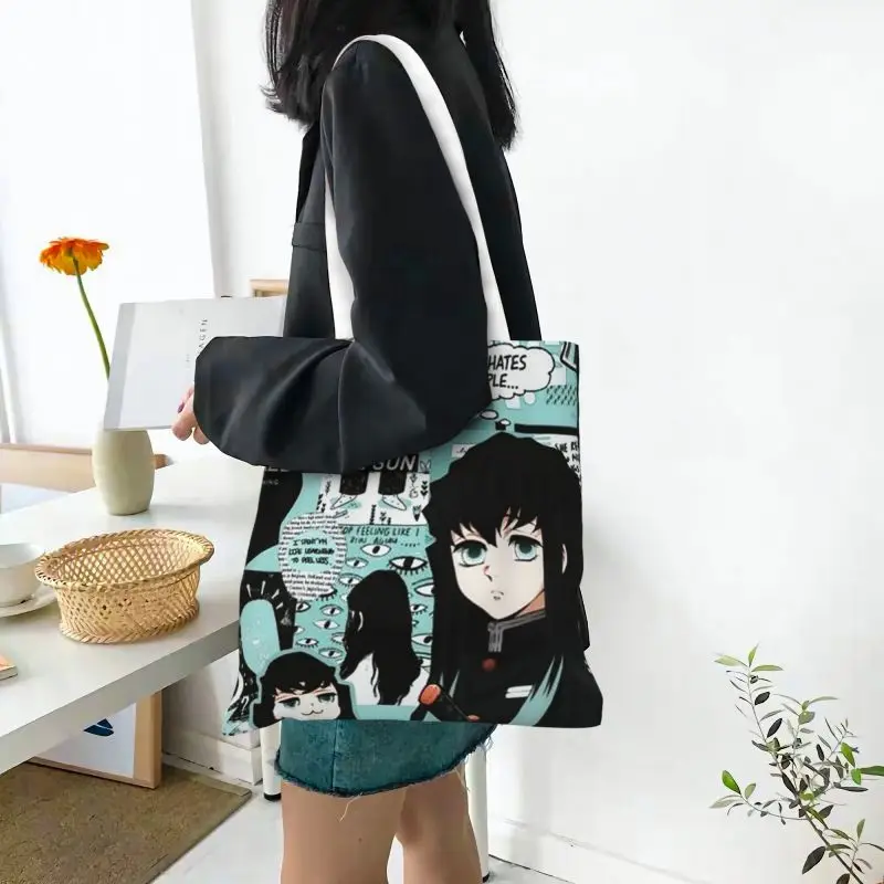 Anime Demon Slayer Grocery Shopping Bags Funny Print Canvas Shopper Shoulder Tote Bags Muichiro Tokito Kimetsu No Yaiba Handbag