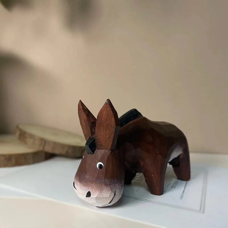 Cartoon Cute Hand-Carved Donkey Wooden Figurines Stress Relief Desk Ornament Office Workstation Home Table Decor Creative Gift