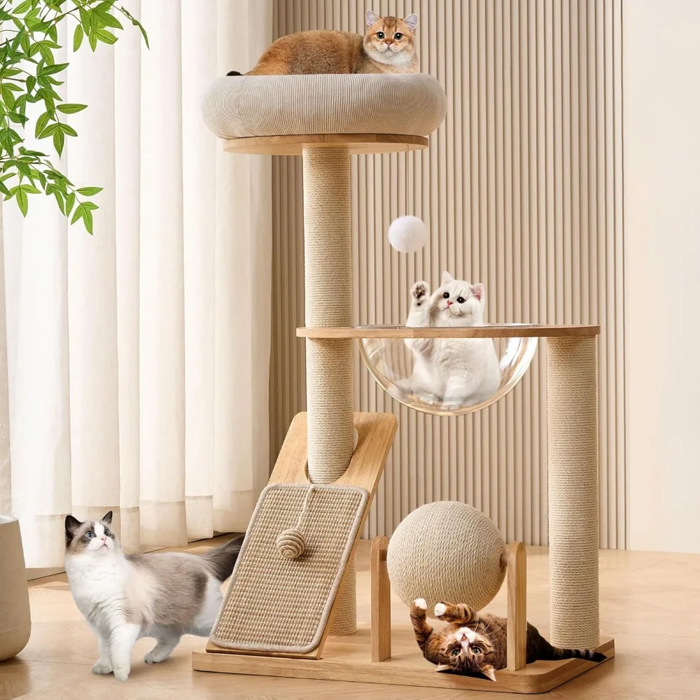 

Solid Wood Cat Tree Tower with Scratching Post, 37.8 Inches Tall Cat Towers with Scratching Board and Scratcher Ball, Mo