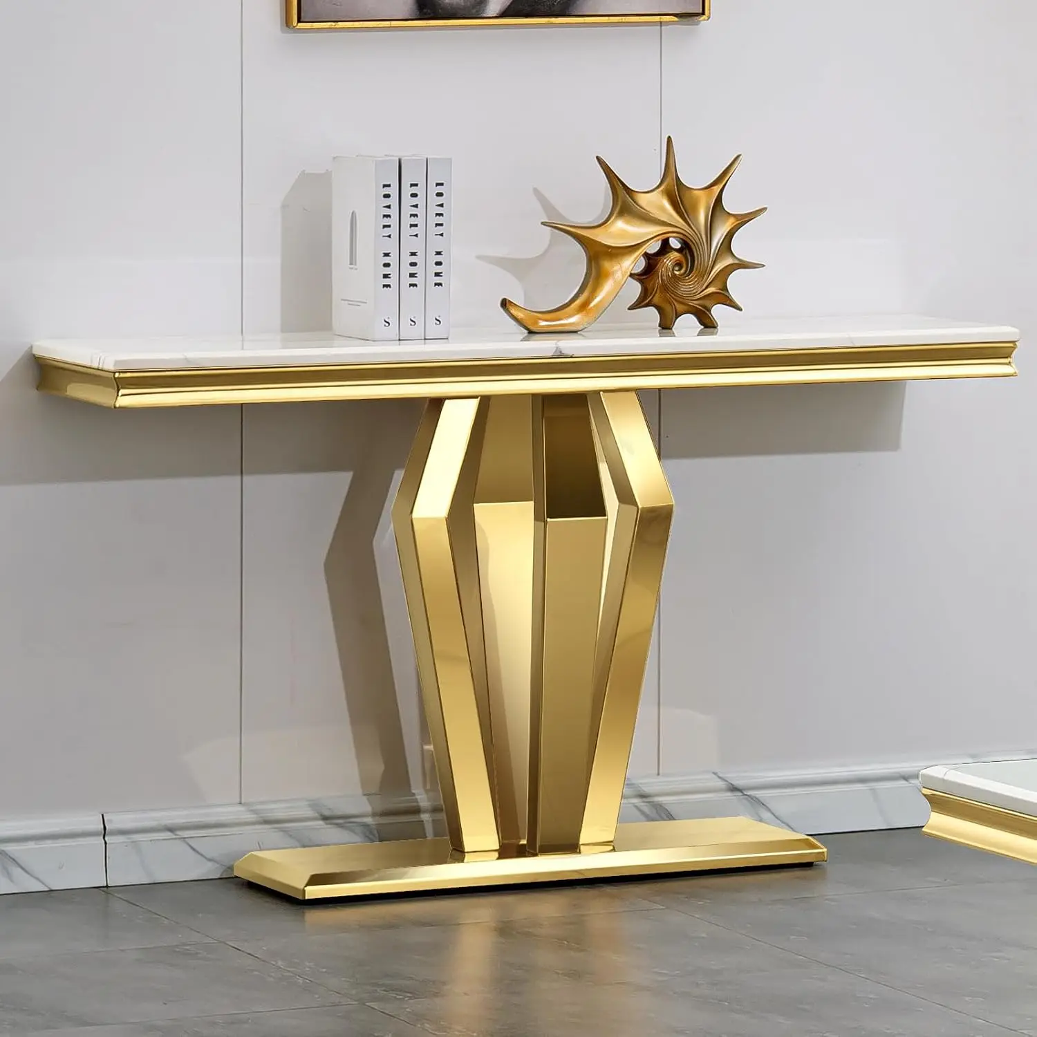 Gold Console Table Geometric Base Luxury Entryway Living Room, Customized