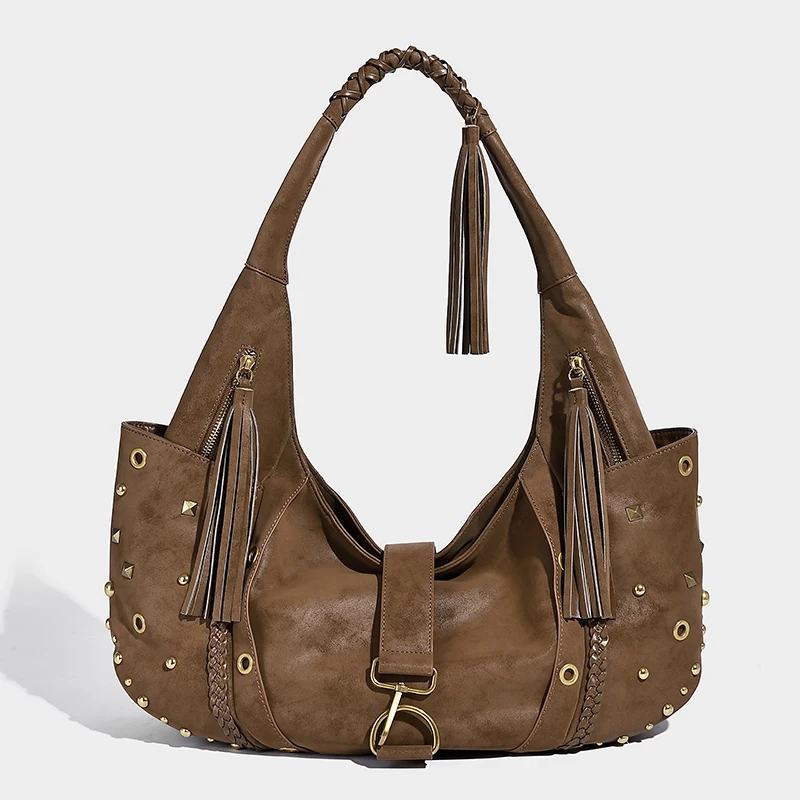 

Нейтральная горячая сумка для подмышек для девочек, женская дорожная сумка-ведро, сумка-тоут 5,ландкре, сумка через плечо на одно плечо, мотоциклетная сумка с заклепками в стиле ретро