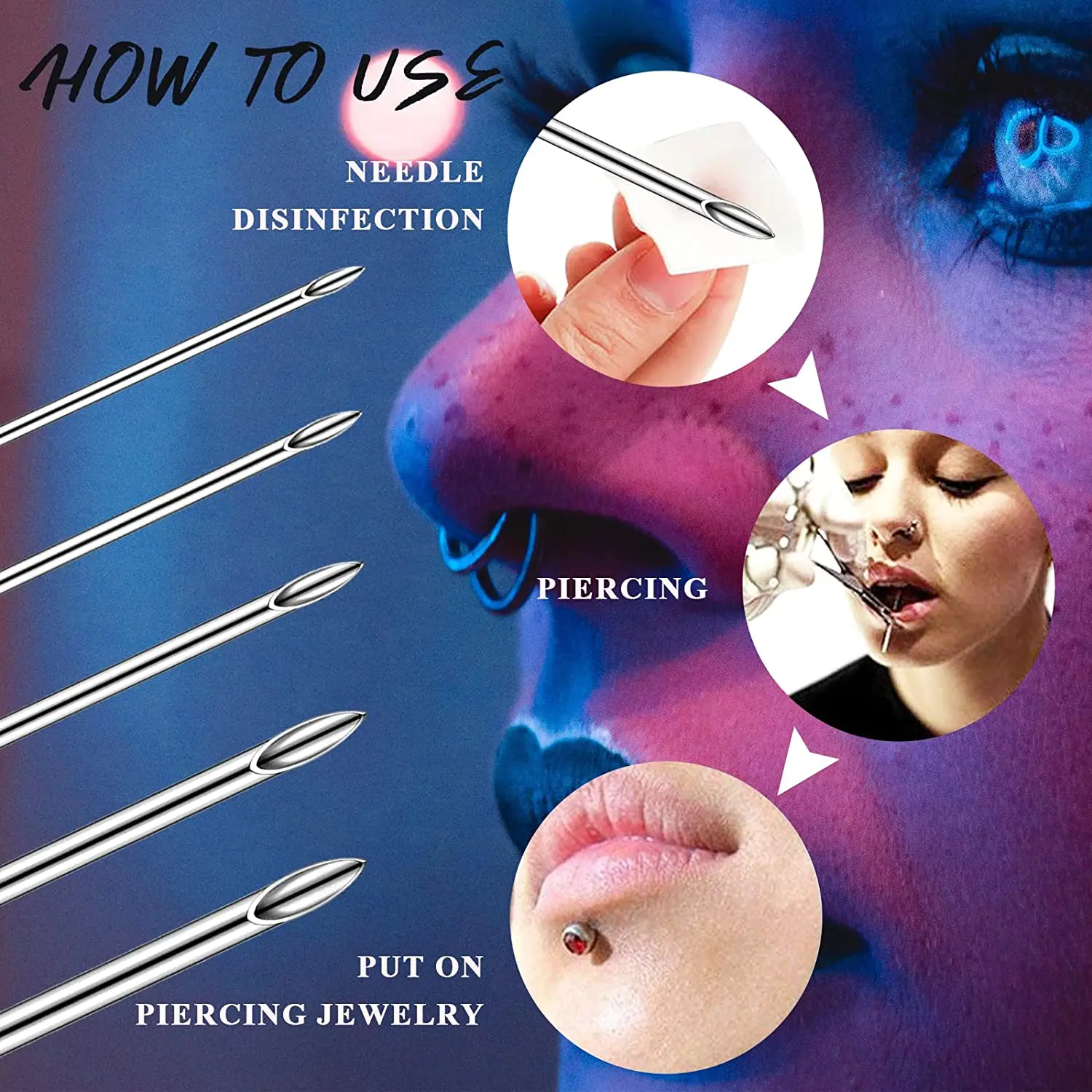 Audersigt 10/100 Stück Körperpiercingnadeln 14G 16G 18G Edelstahl Einweg-Piercingnadeln für Ohr, Nase, Bauchnabel, Brustwarze, Lippe – Detail 4