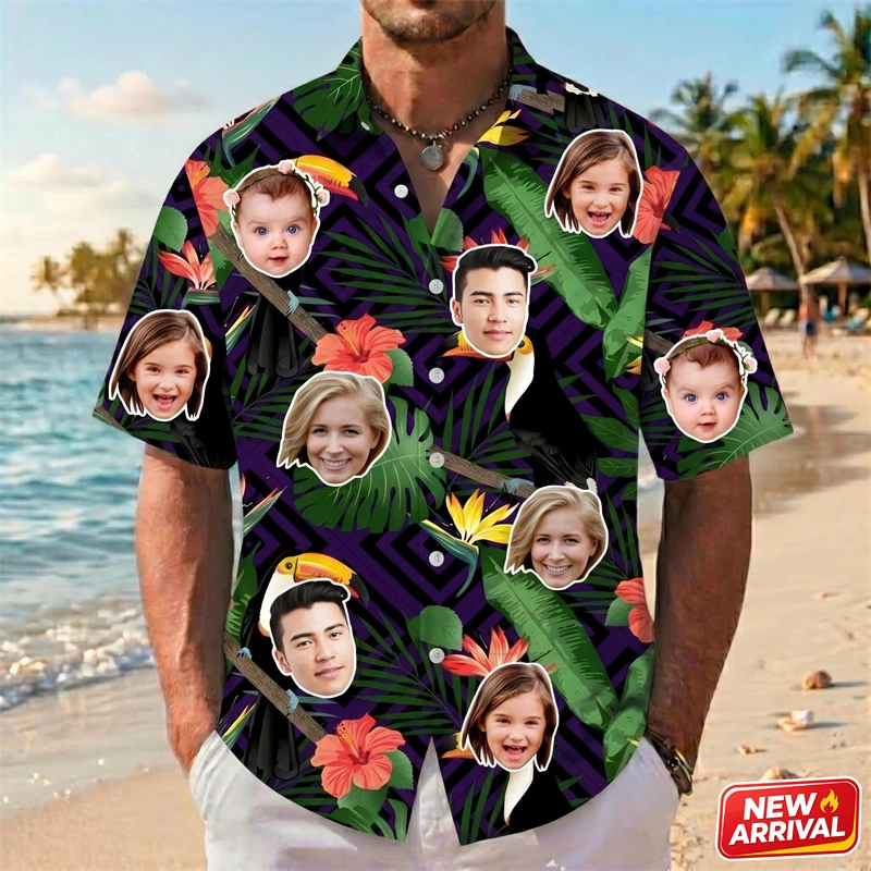

Custom Photo Hawaiian Shirt Men 3d Print Tropical Plants Pattern Summer Gift Beach Blouse New Button Down Short Sleeves Shirts