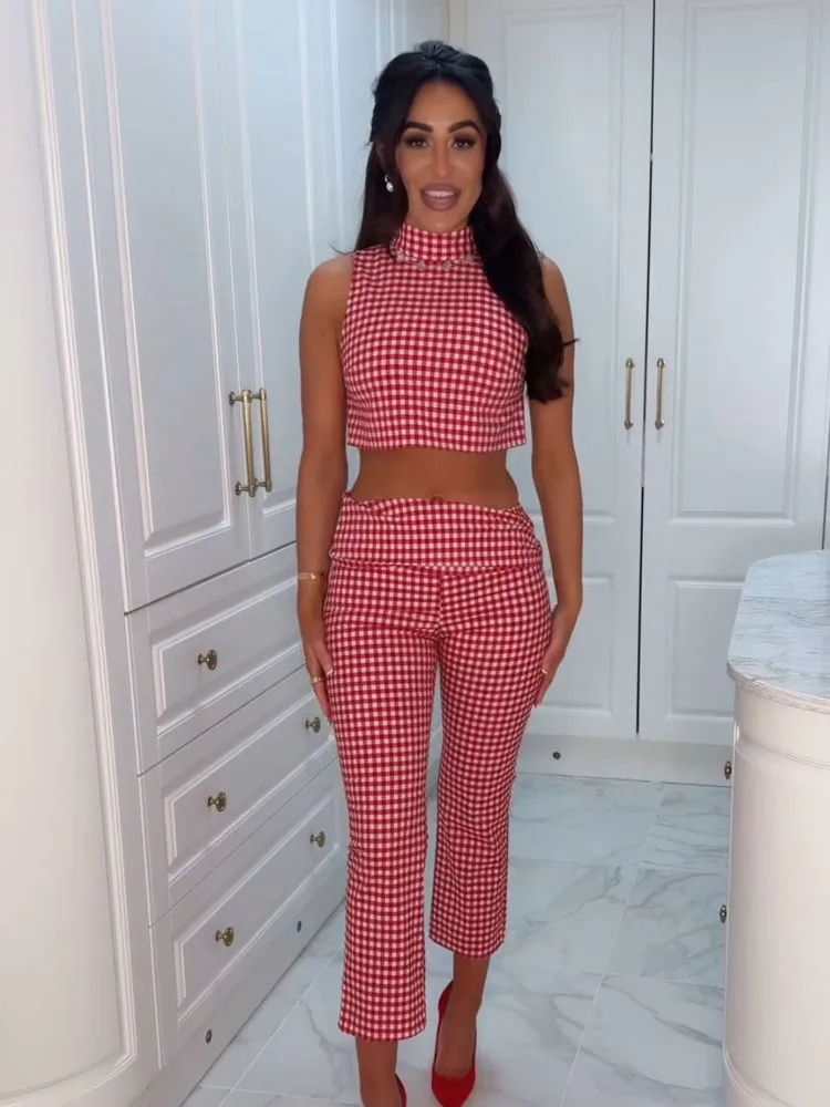 Conjunto de Pantalón Largo Recto Casual de Calle con Cremallera y Top Corto sin Mangas con Cuello Alto Versátil de Moda de Verano 2026 para Mujer HH