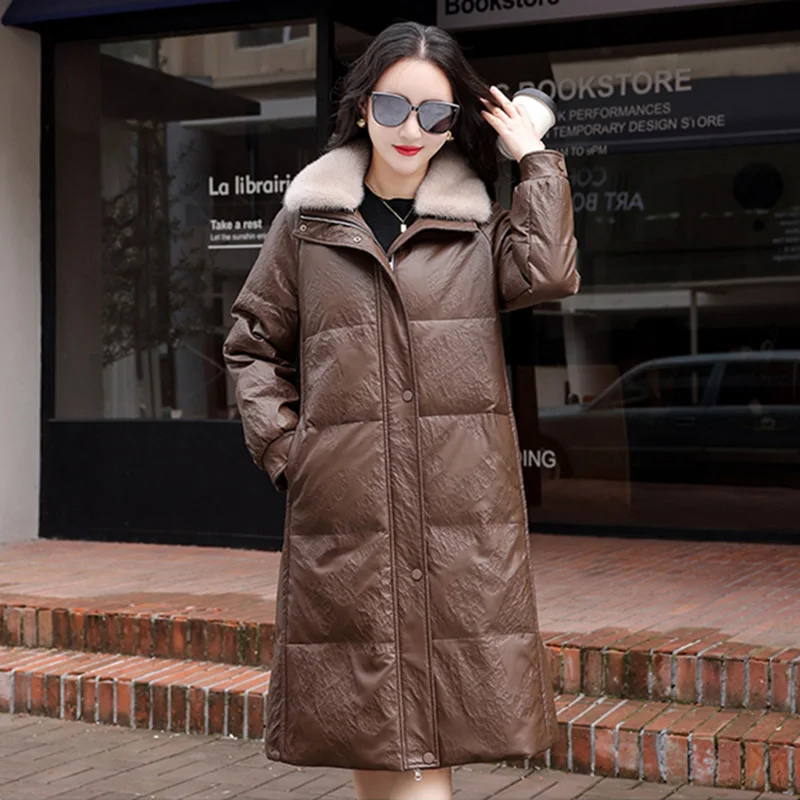 

New Women Coffee Long Leather Down Coat Winter Fashion Real Mink Fur Collar Casual Loose Sheepskin Down Jacket Split Leather