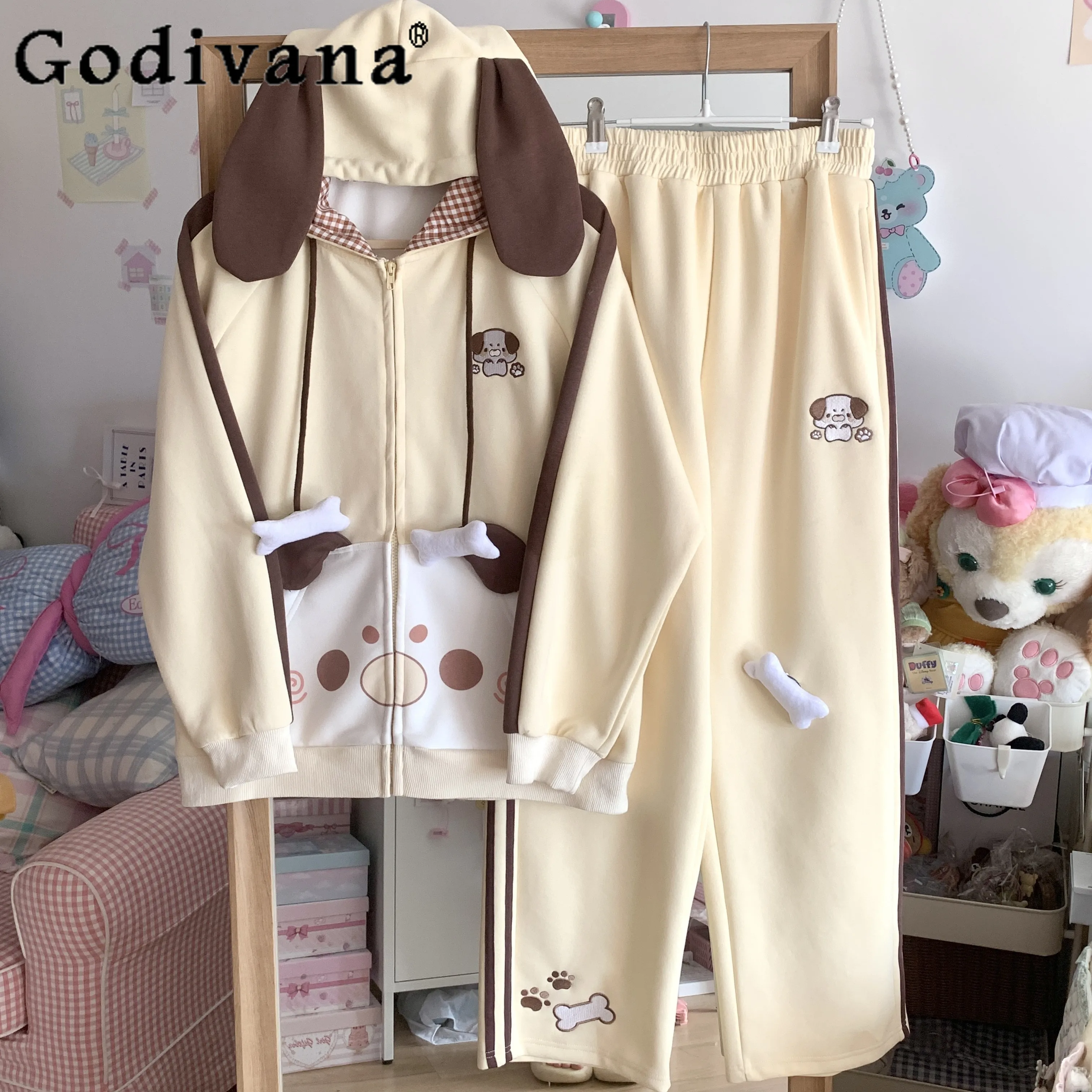 

Original Japanese Cute Girls Y2K Sportswear Spring Autumn New Student Loose Slim Rabbit Ears Hooded Jacket Pants 2-Piece Set