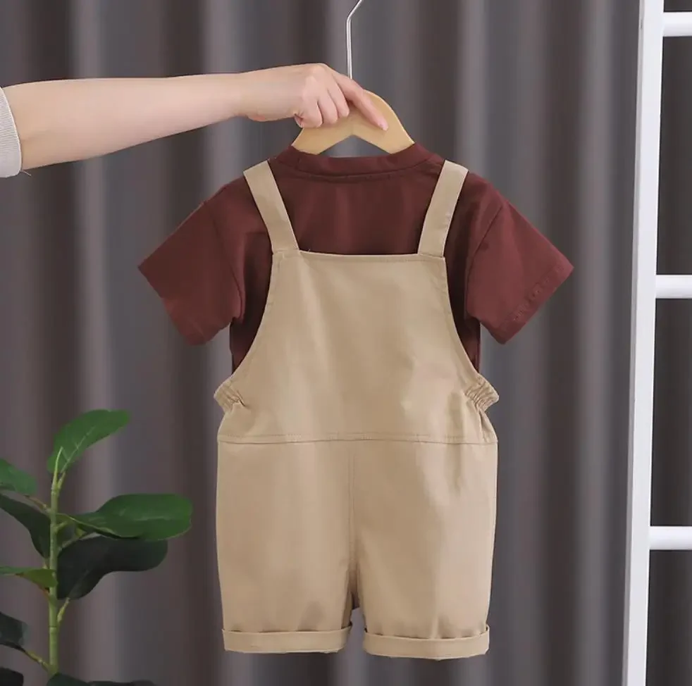 Boutique Boys Outfits Sets Summer Clothes 9 To 12 Months Solid Colour Short Sleeve T-shirts and Overalls Infant Toddler Outfits