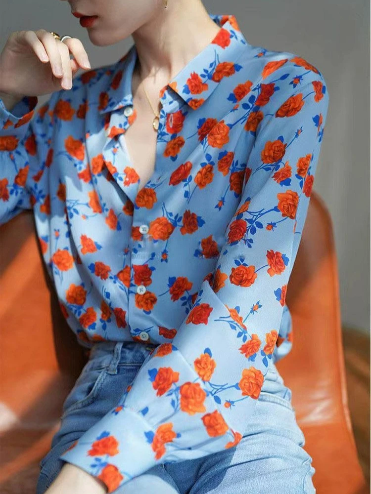 

Fashionable Women 2026 Loose Fit Long Sleeve Chiffon Blouse Polo Collar Stylish Print Early Spring Hong Kong Retro Top