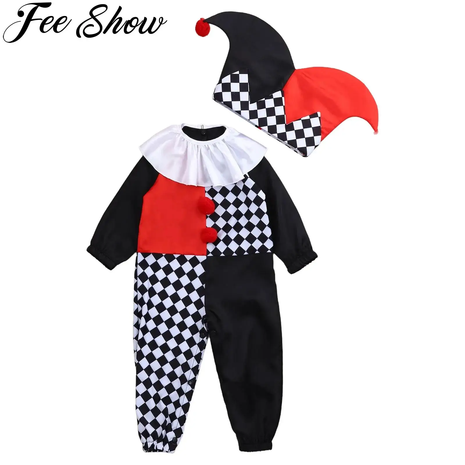

Костюм клоуна для маленьких детей, карнавальный костюм на Хэллоуин, цирковой Джокер, комбинезон для косплея, клетчатый комбинезон с длинными рукавами и помпоном, шляпа с воротником