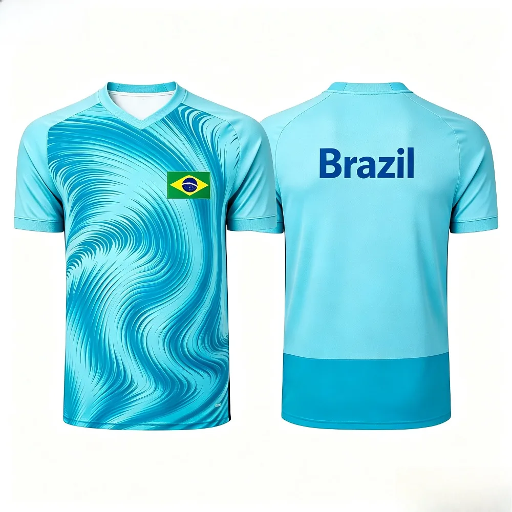 Brazil Flag Cyan Swirl Wave Print Men T‑Shirt Quick Dry Short‑Sleeve Breathable Soccer Athletic Training Sport Tees