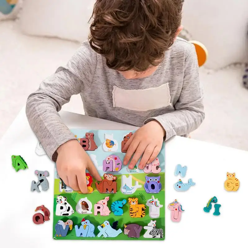 Letter Animals Puzzles Letter Game Matching Puzzle Wooden Alphabet Jigsaw Puzzle For Kids Boys Girls