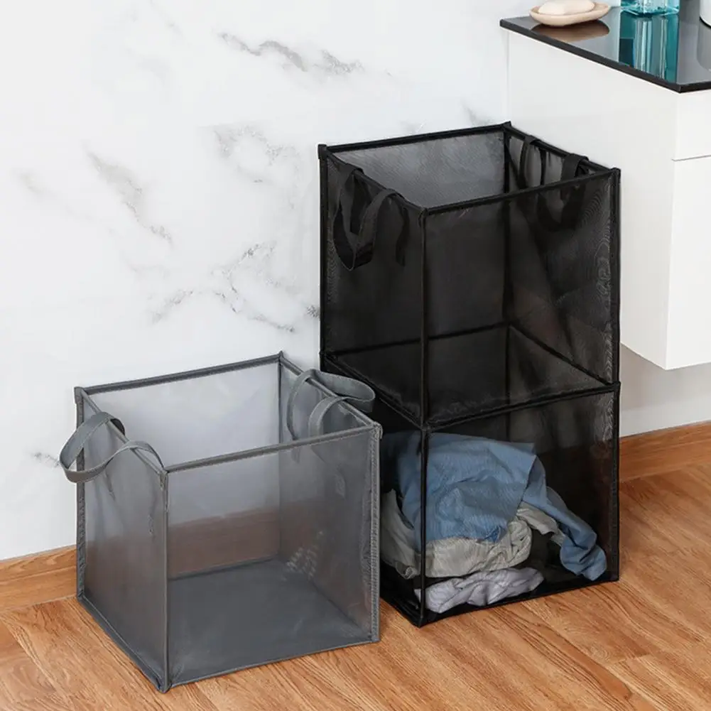 Mesh Pop Up Dirty Laundry Basket Hamper Square Foldable Side Handles Visible Dirty Clothes Sundries Toys Storage Bag