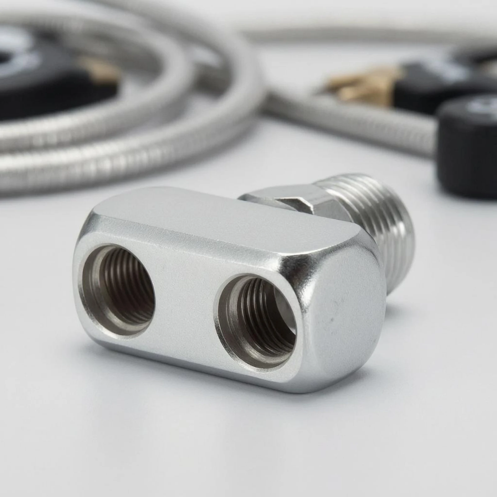 Low-Pressure Splitter Adapter Plated Metal Finish Dive Regulator Splitter Threaded Regulator Connector Rectangular Block Shape view 5