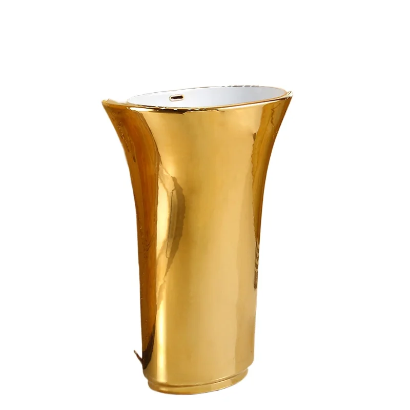 

European column basin integrated wash basin hotel column face wash ceramic gold floor basin