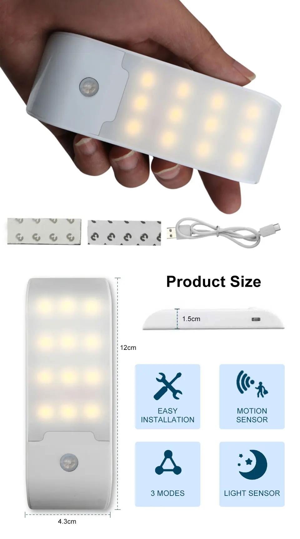 12LED Nachtlicht Bewegungsmelder wiederaufladbare USB-LED-Lampe für Flur Badezimmer Schrank Küche unter dem Schrank hohe Helligkeit – Detail 2