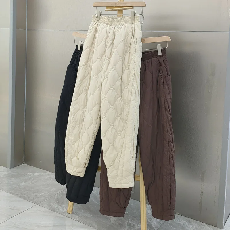 2024 Autumn Winter Down Trousers Parkas Women Warm Light Thin White Duck Down Pants Ladies Elastic High Waist Long Harem Pants