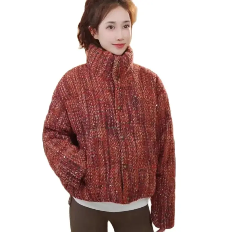 Xiaoxiangfeng-Tweed Down Jacket for Women, Short and Thick, Warm White Duck Down, Bread Jacket, Trendy, Winter