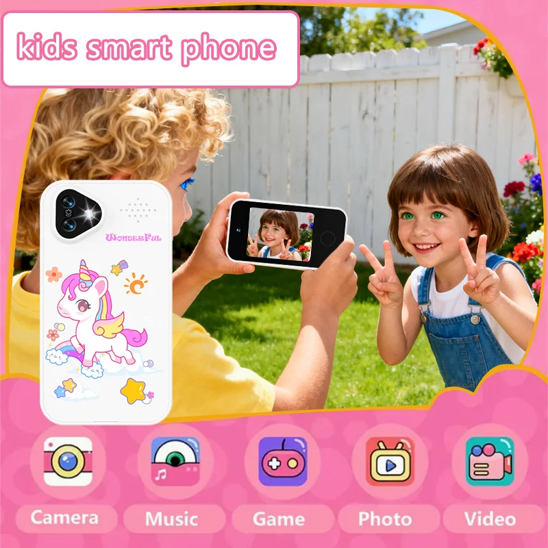 kids smartphone with dual cameras, kids' camera, 1080p video recording, educational games, torchlight and more – pony design