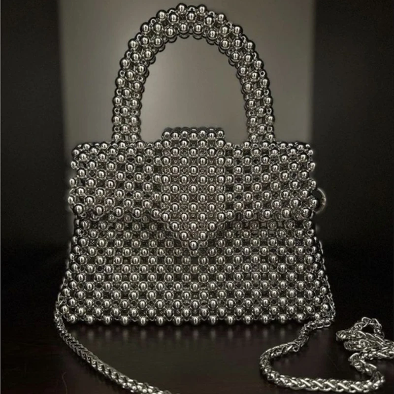 

New Summer Fashion Beaded Women's Bags Customized Color Silver Handmade Handbag Party Dinner Chain Single Shoulder Crossbody Bag