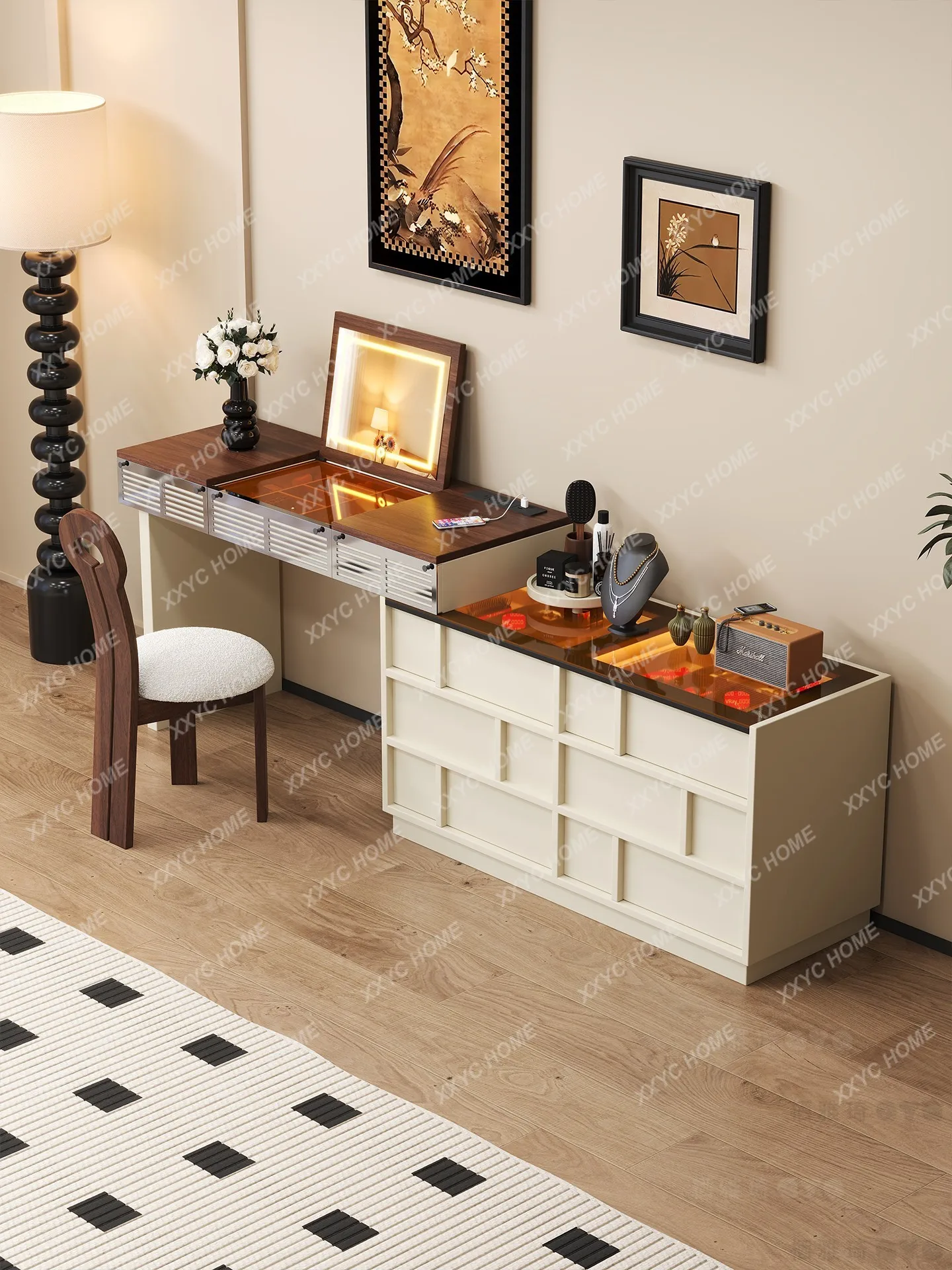 Cream wind small apartment bedroom bedside dressing cabinet with bucket cabinet integrated with flip mirror storage cabinet