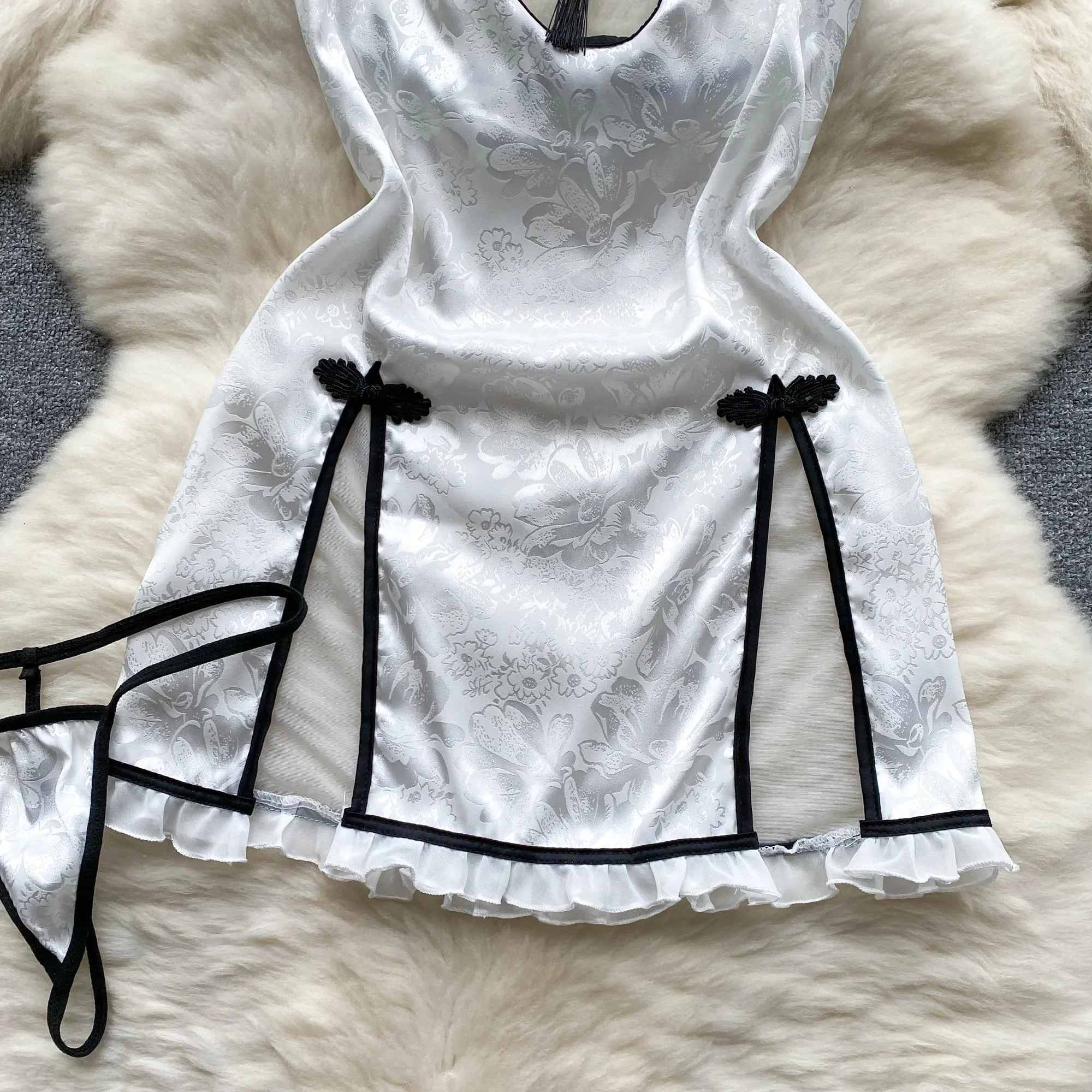 Drucken Sheer Sexy Mesh Kleid Ladies Backless Split Cheongsam Mini Nacht Kleid Frauen Chinesischen Stil Retro Erotische Nachtwäsche