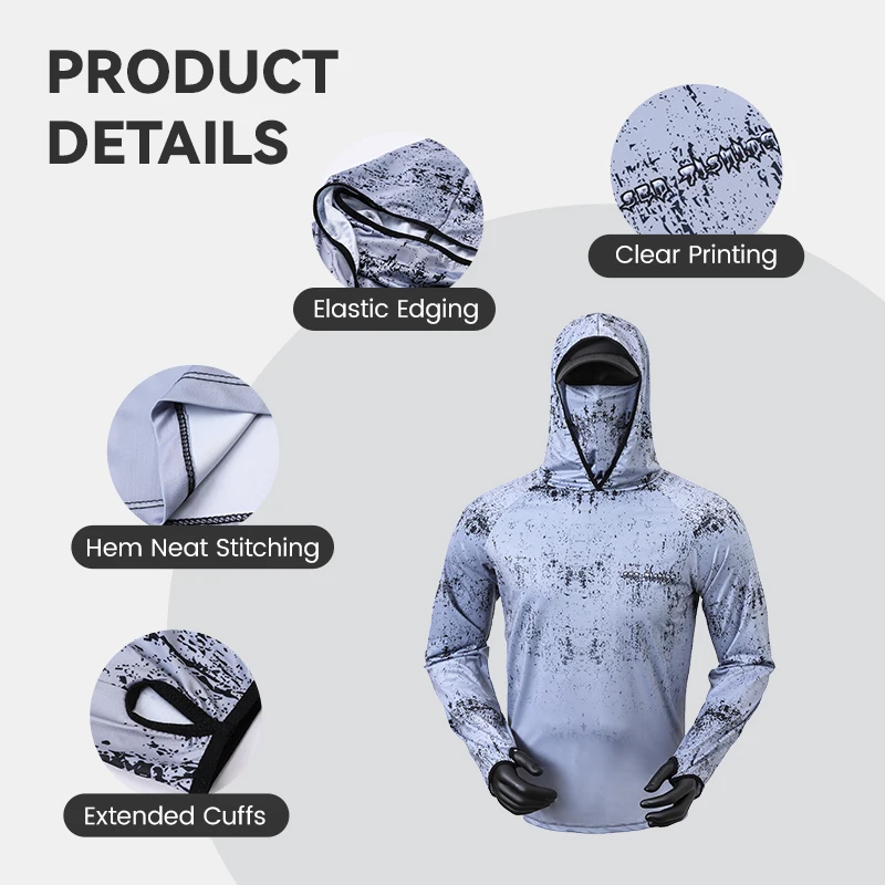 Men's Long Sleeve Fishing Shirt with Mask UV Sun Protection Cooling Quick Dry Neck Leggings Hoodie Swimming Hiking Cycling Top